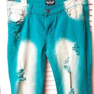 Premium Denim Teal Green Distressed 15 16 NWOT